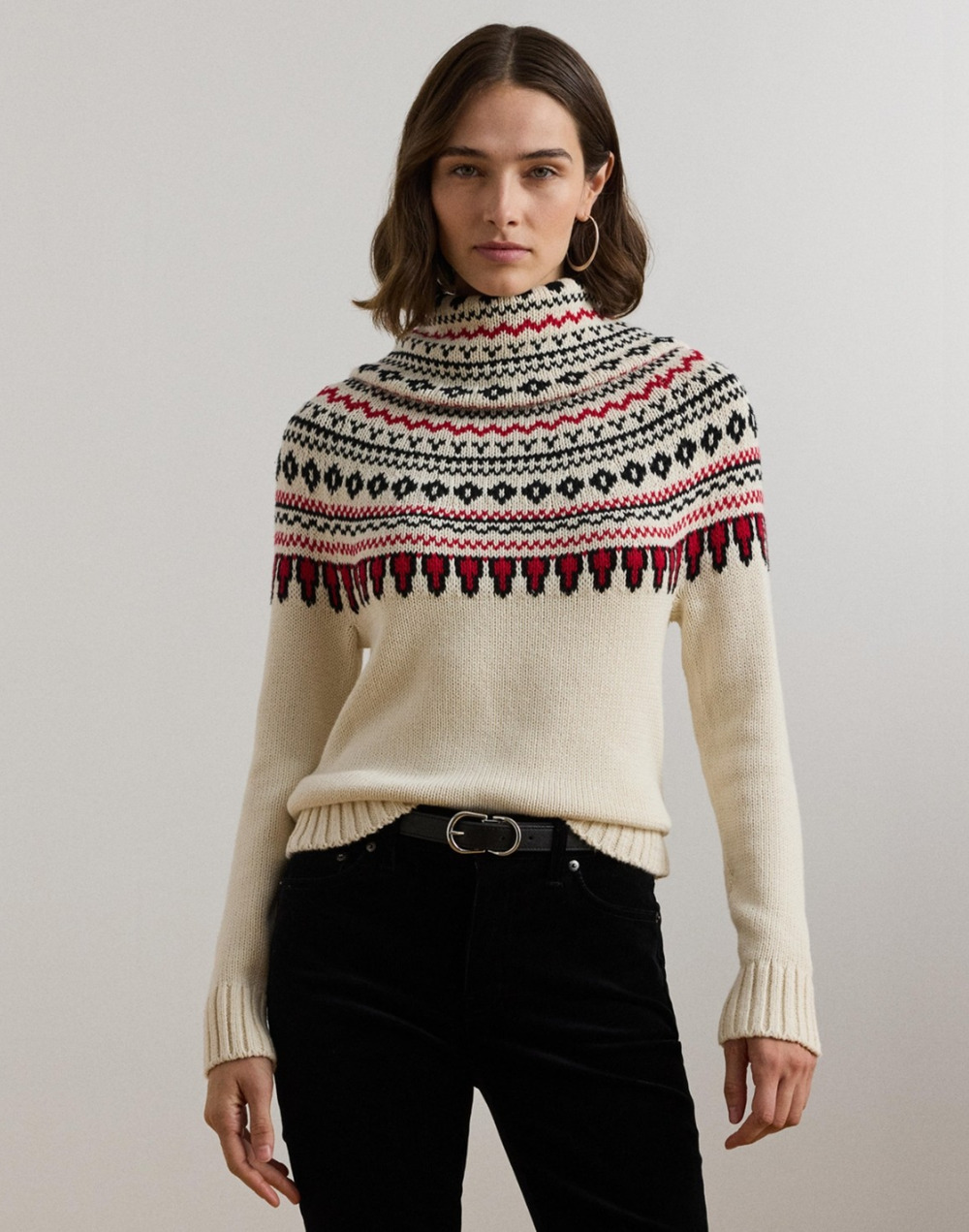 Lauren Ralph Lauren Women Fair Isle Cotton Turtleneck Sweater Cream Multi Size L
